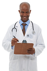 Image showing Black man, doctor and writing on clipboard in studio for administration, healthcare information or policy on white background. Happy medical worker, paperwork and planning insurance report for script