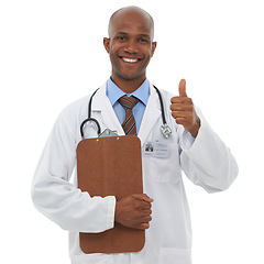 Image showing Studio, black man and portrait of happy doctor with thumbs up for good medical results, medicine report or agreement vote. Clipboard, yes emoji icon or nurse with success feedback on white background