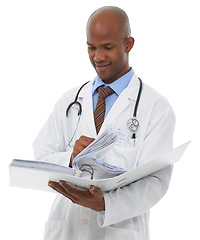 Image showing Studio, black man and doctor reading paperwork of medical records, medicine report or research data. Hospital documents, healthcare information or cardiologist with archive folder on white background
