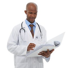 Image showing Medical, black man and doctor reading paperwork of hospital records, medicine report or clinic research binder. Documents, healthcare studio and surgeon analysis of archive folder on white background