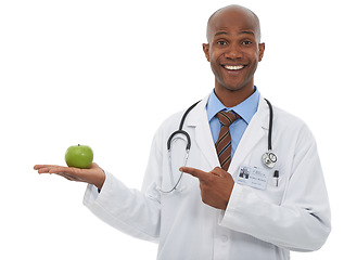 Image showing Portrait, black man and doctor point at apple presentation for weight loss diet, nutrition or antioxidants benefits. Studio food, palm and African dietician with fresh fruits on white background