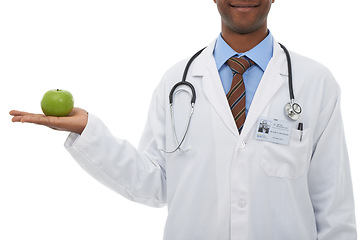 Image showing Apple, doctor and studio person with palm gesture for wellness diet, healthcare nutrition or vitamin c benefits. Organic fruits, vegan food and nurse with health recommendation on white background