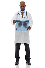 Image showing Surgeon, black man and check xray scan for lung cancer evaluation, clinic research or medical investigation. Healthcare studio, MRI and African doctor analysis of anatomy isolated on white background