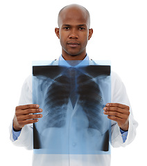 Image showing Portrait, man and doctor with x ray, healthcare and employee isolated on white studio background. Face, support and African person with scans, test results or disease with radiologist or mockup space