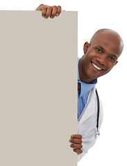 Image showing Doctor, poster and portrait of happy black man with commercial info, hospital notification or clinic services. Mockup space, billboard and African nurse with studio presentation on white background