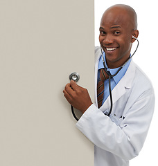 Image showing Happy doctor, stethoscope or portrait of black man with billboard, hospital promo or cardiology announcement. Mockup space, advertising studio or surgeon smile for healthcare sign on white background