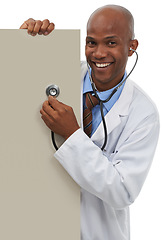 Image showing Happy doctor, stethoscope and portrait of black man with poster, hospital notification and listening for clinic news. Cardiology, studio and African cardiologist with mockup space on white background