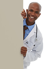 Image showing Billboard, black man and portrait of doctor smile for commercial, hospital promo or medicine coming soon. Mockup studio space, happiness and African surgeon with medical discount on white background