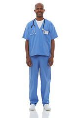 Image showing Black man, portrait and happy surgeon in studio for healthcare services, clinical consulting or trust on white background. Professional doctor, expert medical employee or working with pride in scrubs