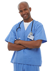 Image showing Man, portrait and surgeon in studio with arms crossed for healthcare services, medicine and consulting on white background. Happy african doctor, professional medical employee and working with pride