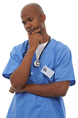Image showing Nurse, thinking and man with a question in medicine or healthcare in white background of studio. Frustrated, surgeon or confused doctor with problem solving, decision or choice in clinic and hospital