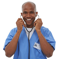 Image showing Stethoscope, black man and studio portrait of happy doctor for heartbeat, breathing or healthcare test. Health, medical surgeon and cardiology tools for cardiovascular assessment on white background