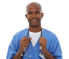 Image showing Stethoscope, black man and studio portrait of doctor for heartbeat, breathing or health assessment. Healthcare exam, medical equipment and African surgeon with cardiology tools on white background