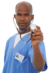 Image showing Stethoscope, black man and studio portrait of surgeon for heartbeat, breathing or doctor service assessment. Healthcare, medical equipment and cardiologist with cardiology tools on white background