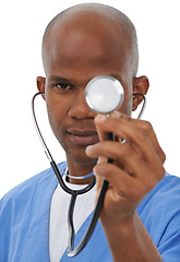 Image showing Stethoscope, black man and portrait of surgeon serious for heartbeat, breathing or doctor service assessment. Studio face, cardiology tools and nurse for cardiovascular evaluation on white background