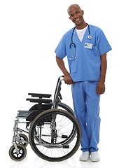 Image showing Portrait, happy and doctor with a wheelchair, man and employee isolated on white studio background. African person, worker and physician with medical equipment, healthcare or career with professional