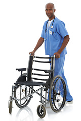 Image showing Portrait, healthcare and doctor with a wheelchair, man and employee isolated on white studio background. African person, worker or physician with medical equipment, surgeon or happy with professional