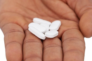 Image showing Hand, pills and medication for sickness, virus and disease with drugs, medicine or vitamins. Patient, pharmaceutical and healthcare for treatment, medical and tablets for closeup or prescription