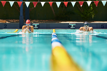 Image showing Sports, event or people in swimming pool for competition training, workout or fitness together. Fast, water or cardio with swimmers and athletes for exercise, championship and race at gala in summer