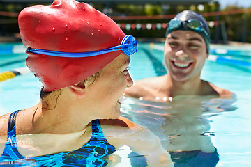 Image showing Laughing, relax or happy couple in swimming pool for sports training, workout or teamwork for fitness. Cardio, swimmers or athletes in exercise for support, health or wellness with smile in water