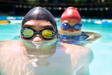 Image showing Water, faces or people in swimming pool for sports training, workout or activity for fitness together. Friends, swimmers or calm athletes in exercise for development, health or wellness with teamwork