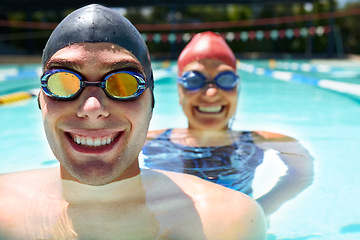 Image showing Friends, portrait or people in swimming pool for sports training, workout or teamwork for fitness. Happy, swimmers or athletes in exercise together for development, health or wellness with smile