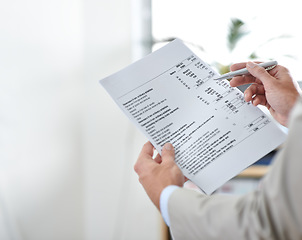 Image showing Hands, financial document and accountant in business for asset management, income or investment. Paperwork, auditor and closeup of professional with pen for information, profit or mockup in office