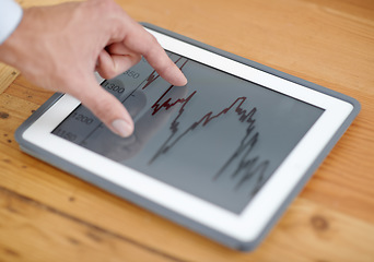 Image showing Business hands, tablet screen and graphs, statistics or data analytics for financial report, increase in revenue or profit. Trader or person with online investment, digital stock market and trading