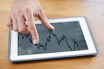 Image showing Business hands, tablet screen and data analytics, statistics or graphs for financial report, increase in revenue or profit. Trader or person with online investment, digital stock market and trading