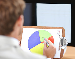 Image showing Business person, documents and pie chart, statistics or data analysis of finance report, revenue and stock market. Corporate accountant on clipboard, paper and accounting review or budget inspection