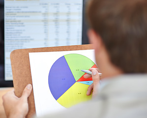 Image showing Business person, pie chart documents and finance, data analysis or accounting management for revenue or budget. Accountant or auditor with clipboard, paperwork and inspection of profit or statistics