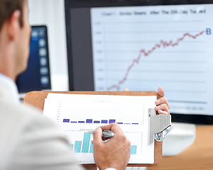 Image showing Business person, documents and statistics on computer screen for data analysis, financial report and revenue review. Accountant or auditor with clipboard for graphs, charts and increase of profit