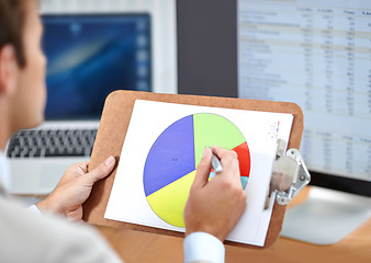 Image showing Business man, pie chart and statistics for finance, data analysis and accounting management, planning revenue or budget. Corporate accountant or auditor on clipboard, computer screen and inspection