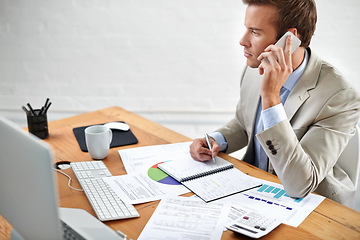 Image showing Accountant, phone call and writing of documents, statistics or financial notes for advice, investment or planning. Business man or advisor with graphs, charts and feedback on mobile and data analysis