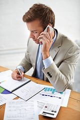 Image showing Business, phone call and writing of financial documents, statistics or notes for advice, investment or planning. Business man or advisor with graphs, charts and feedback on mobile and data analysis
