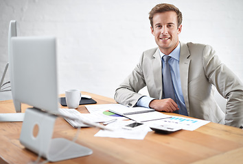 Image showing Business man, accountant portrait and documents, calculator and paperwork for planning at office desk. Professional auditor or happy corporate worker with statistics for accounting data or budget