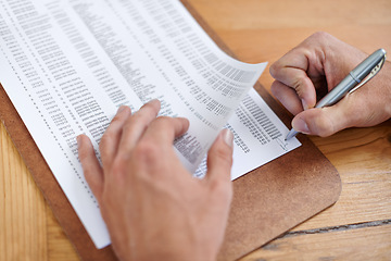 Image showing Hands, accountant and signature on business document, form validation or financial contract. Closeup, auditor writing and sign paperwork with pen in agreement, investment and deal at table in office