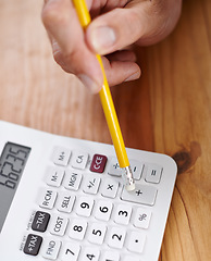Image showing Accountant, hands and top view of calculator on table for asset management, financial planning or investment. Auditor, above and closeup of working at desk with pencil for tax, income and business