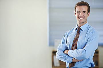 Image showing Portrait, happy and business man with arms crossed, pride in corporate career and mockup space in office. Face, confident professional consultant and entrepreneur working at a company in Australia