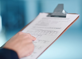 Image showing Hands, financial clipboard and accountant in business for asset management, income or investment. Paperwork, auditor and closeup of professional with document information, profit or revenue in office