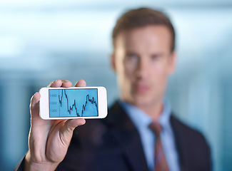 Image showing Business man, phone screen and graphs, data analytics or stats for financial report, revenue or stock market. Hand of corporate accountant or trader with mobile app for trading, pattern and sales