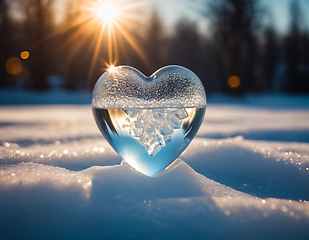 Image showing Ice heart melting in the sunlight, transparent heart filled with