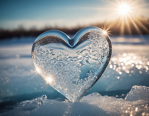 Image showing Piece of ice in the shape of a heart illuminated by rays of sunl