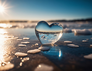 Image showing Beautiful ice heart in the snow melting in the sunlight on a win