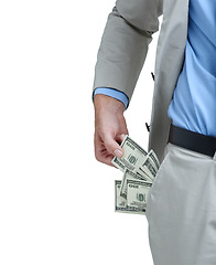 Image showing Corporate hands, money and pocket for payment, trade or bribe with investment deal in studio. Business person with financial crime with profit, bonus or cash offer for secret on a white background