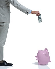 Image showing Businessperson, finance and piggy bank for investing paper, income and studio by white background. Professional, paper and money box for future, planning and cash in container, savings and security