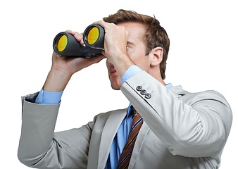 Image showing Business man, binoculars and spy to search for opportunity, future vision and monitor isolated on a white studio background. Telescope, professional lens and worker watch for perspective strategy