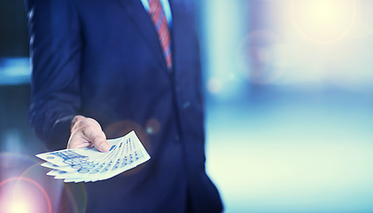 Image showing Hands, money and business man with euros, lens flare and mockup space background. Closeup, cash and rich professional in suit giving wealth profit, financial investment and payment of income savings