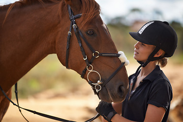 Image showing Woman, care and horse in nature with vacation, bonding and relax on farm, ranch and countryside. Animal, pet and person feeling stallion for freedom, adventure and training with peace and calming