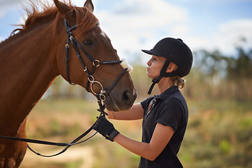 Image showing Woman, care and horse in nature with adventure for bonding, summer and relax on farm, ranch and countryside. Animal, pet and person feeling stallion for freedom, equestrian and vacation with peace